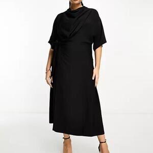 Asos Curve cowl neck midi dress with wrap skirt in black sz 12